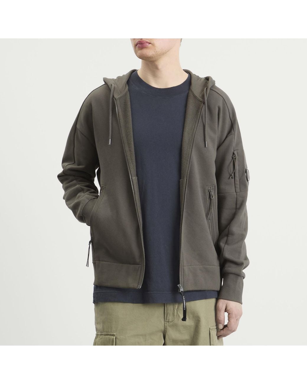 C P Company Gray Diagonal Raised Fleece Hooded Lens Sweatshirt for men