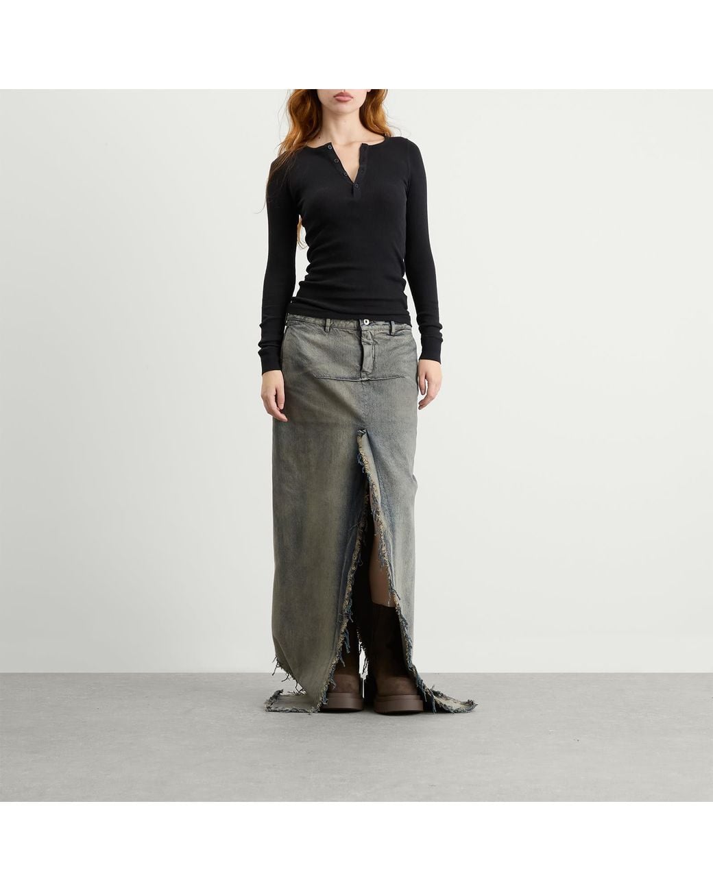 Rick Owens Gray Denim Sliced Maxi Skirt
