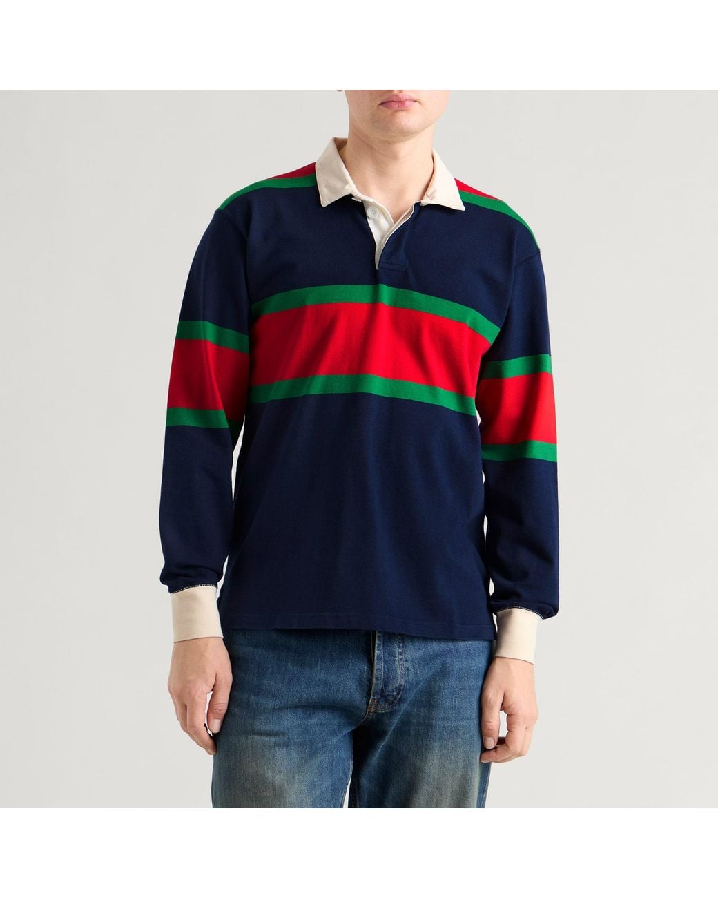 Drake's Blue Middle Stripe Rugby Shirt for men