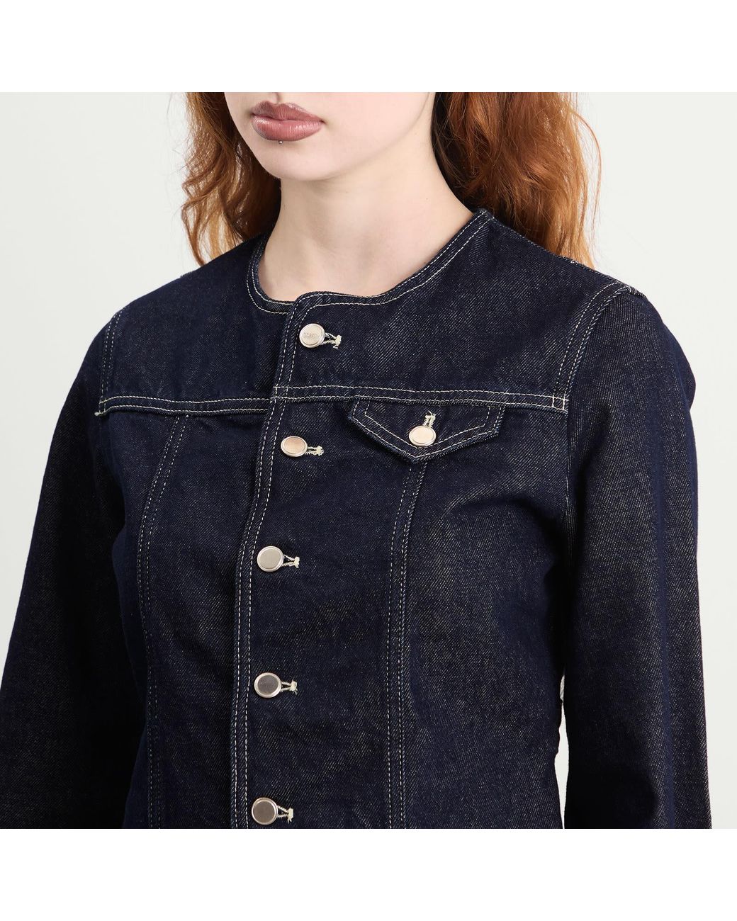 Peachy Den Blue Goldie Collarless Denim Jacket