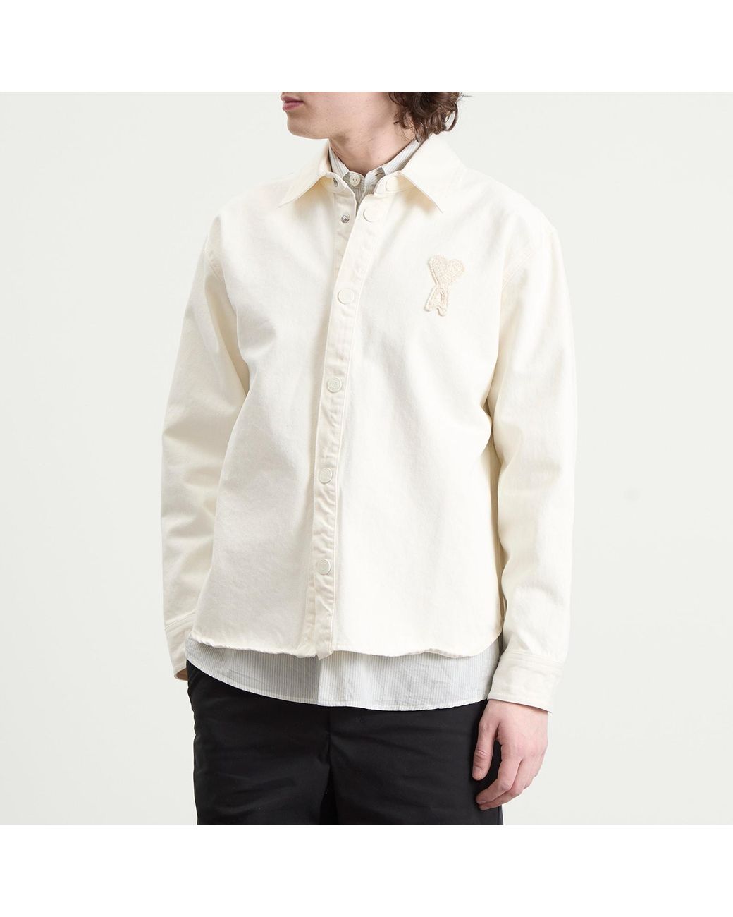 AMI White Denim Overshirt With Knitted Ami De Coeur for men