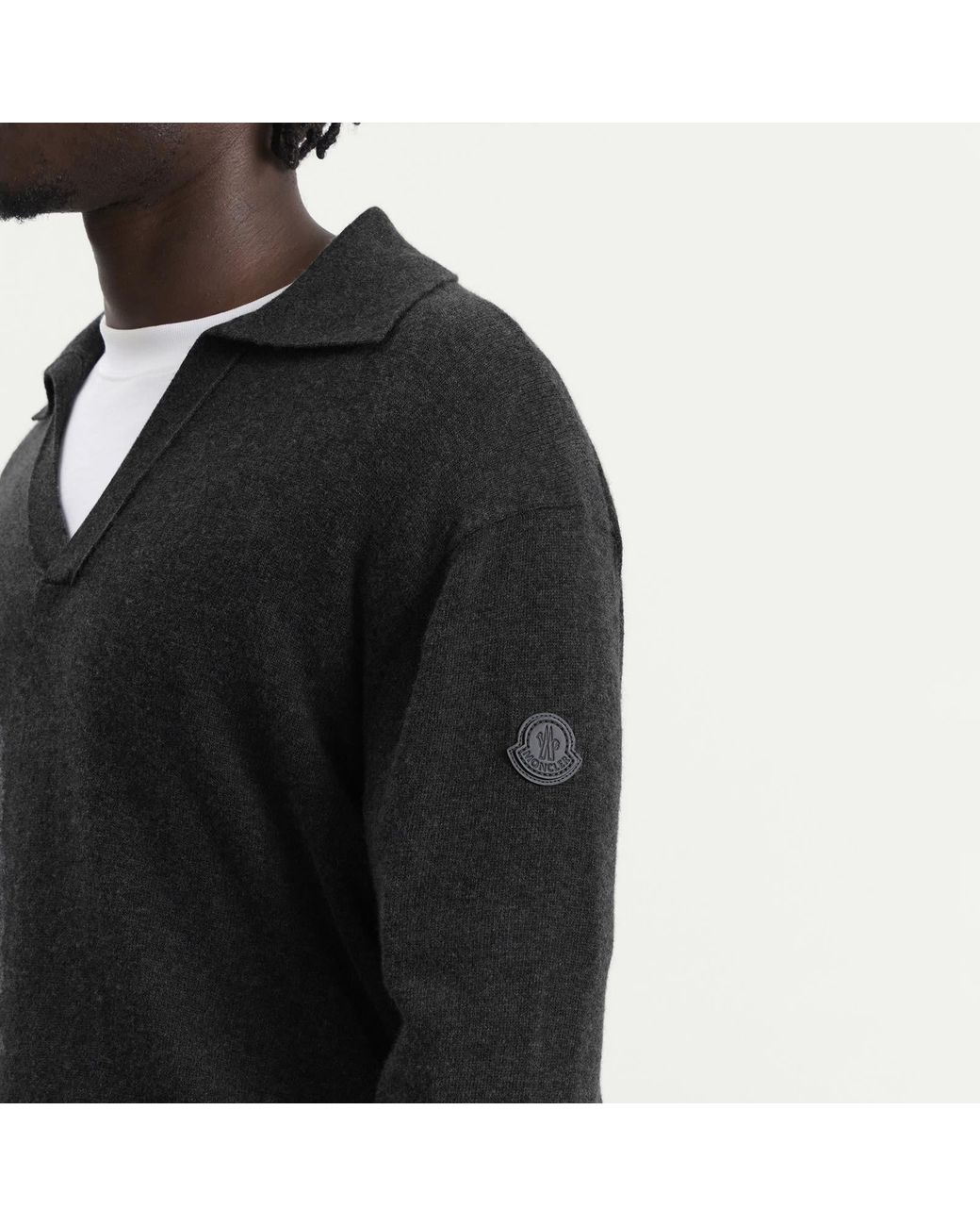 Moncler Black Cashmere Wool Open Collar Polo for men