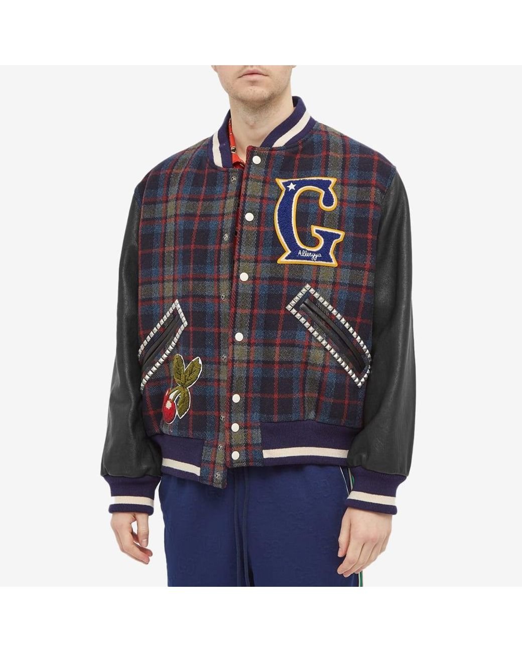 Gucci Check Wool Varsity Jacket in Blue for Men | Lyst