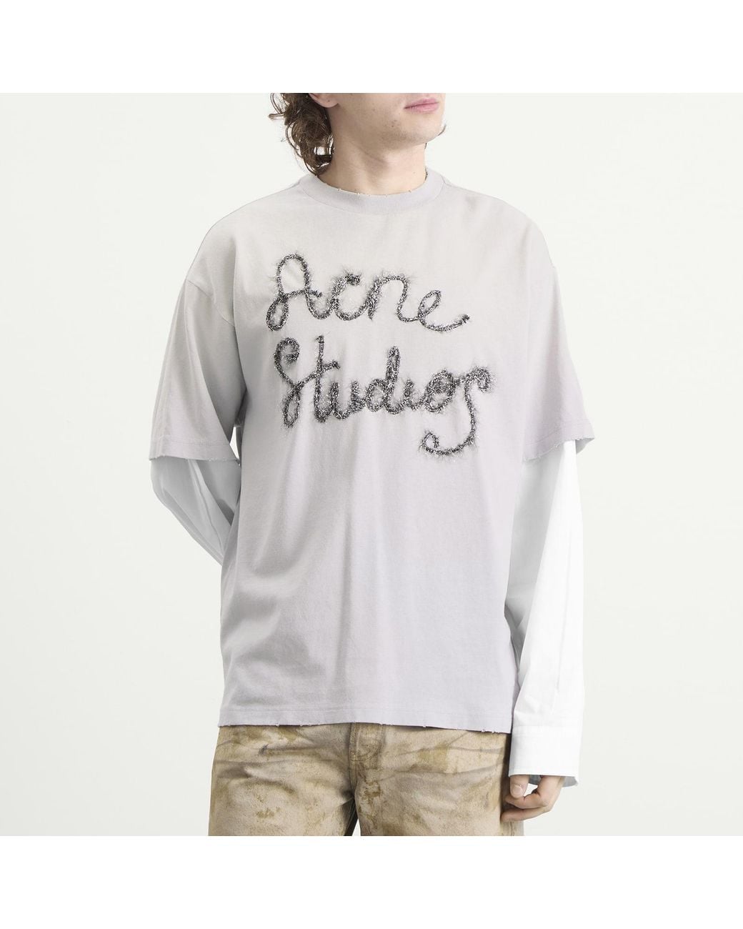 Acne Gray Tinsel Logo Double Sleeve T-Shirt for men