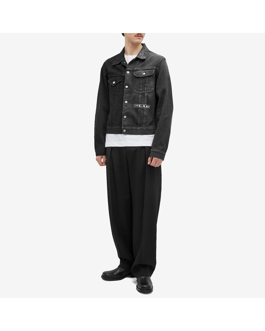 Half denim half black jean jacket clearance