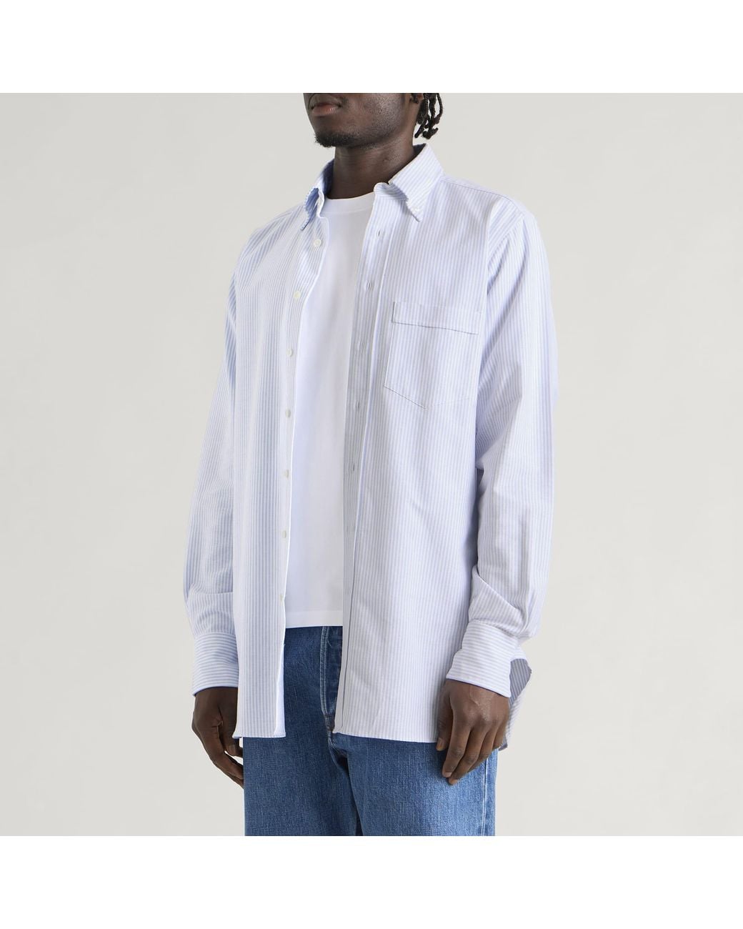 Drake's Blue Ticking Stripe Button Down Oxford Shirt for men