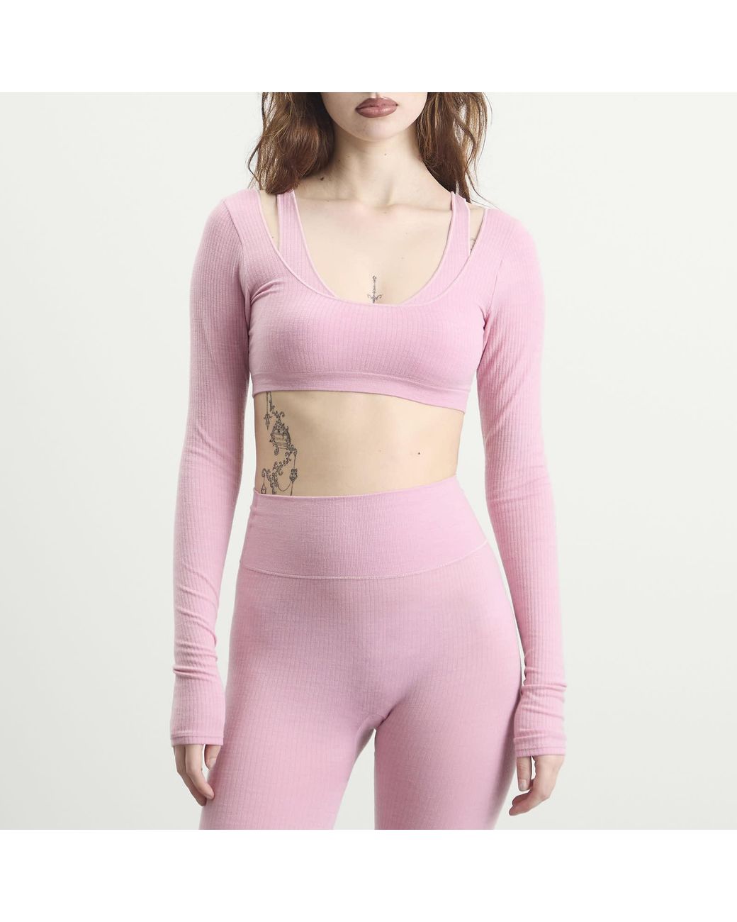 Skims Pink Seamless Sheer Wool Long Sleeve Crop Top