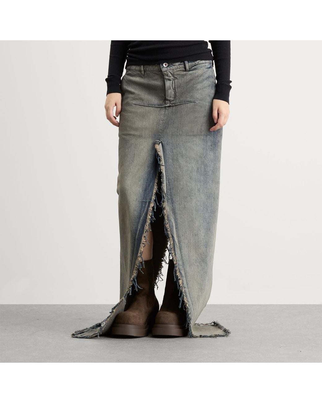 Rick Owens Gray Denim Sliced Maxi Skirt