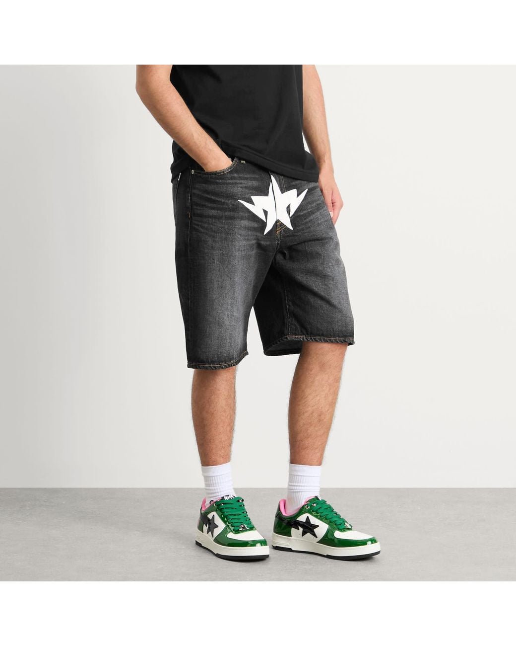 A Bathing Ape Black Twin Sta Relaxed Fit Denim Shorts for men