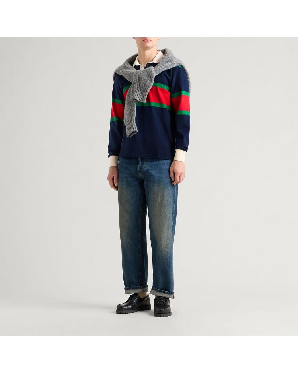 Drake's Blue Middle Stripe Rugby Shirt for men
