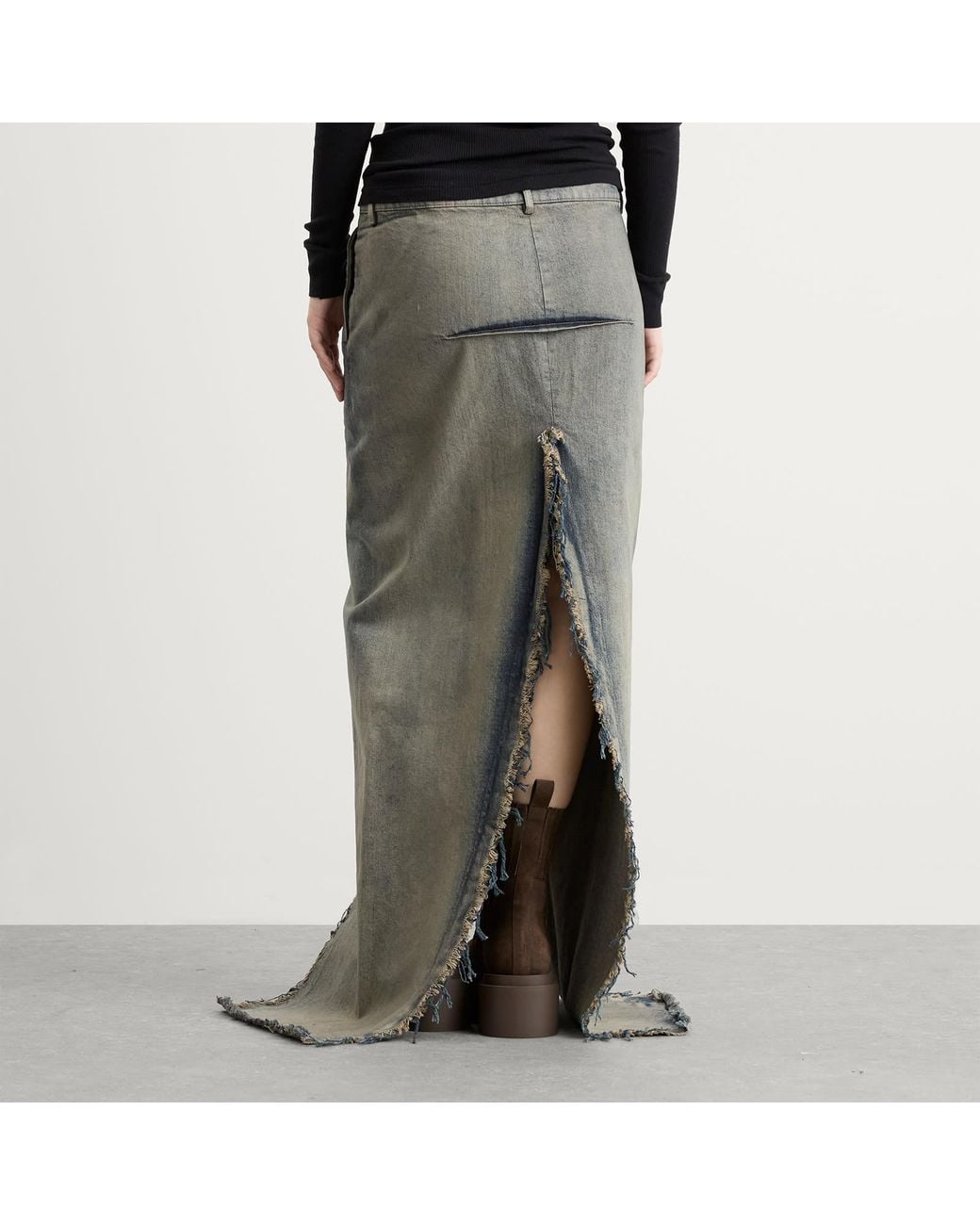 Rick Owens Gray Denim Sliced Maxi Skirt