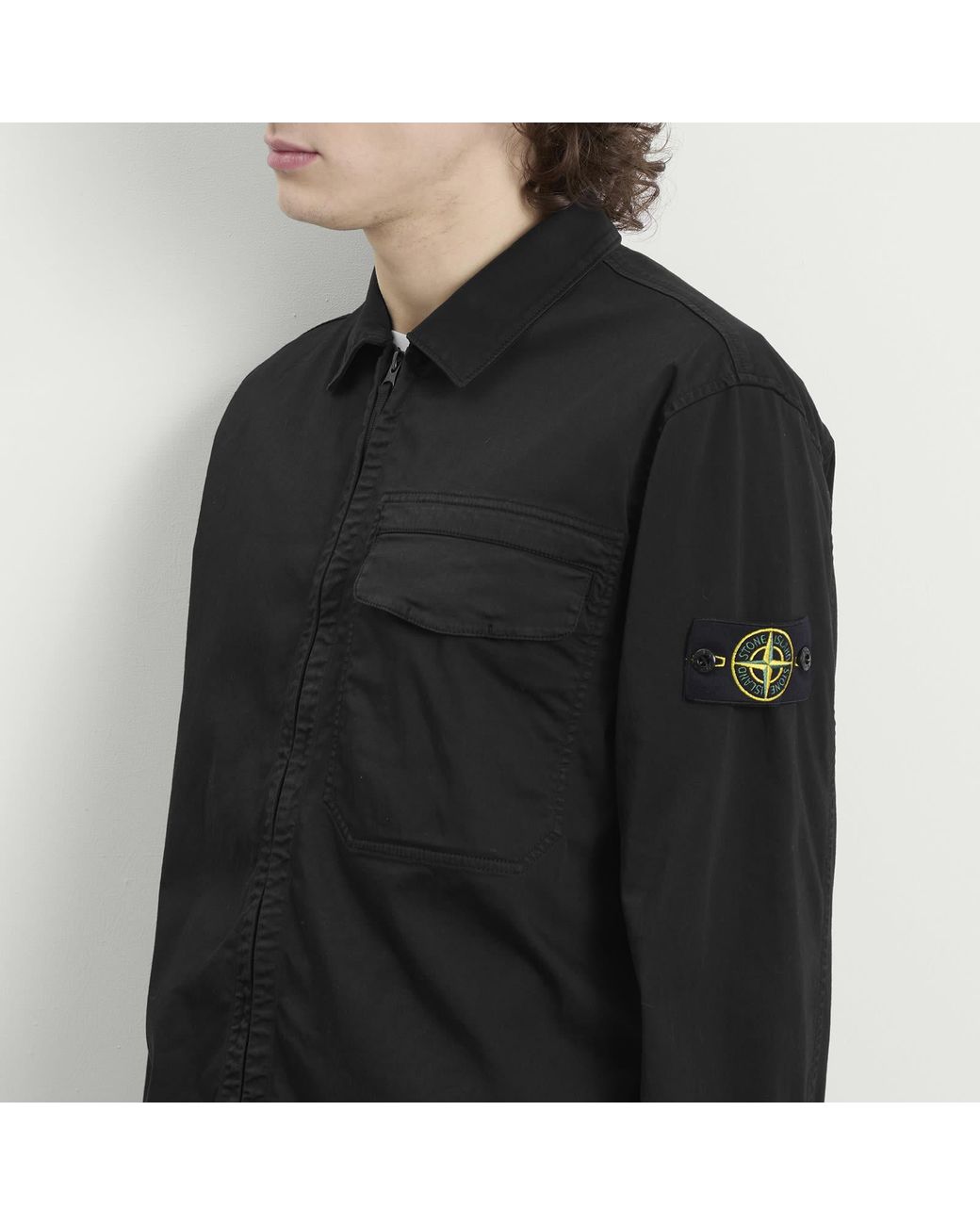 Stone Island Black Organic Cotton Satin Zip Shirt Jacket for men