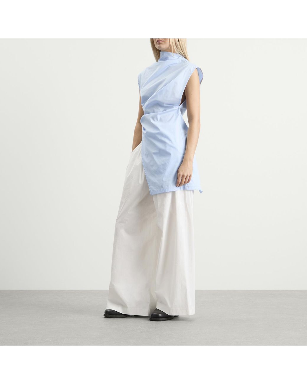 Tolu Coker Blue Cotton Asymmetric Drape Blouse