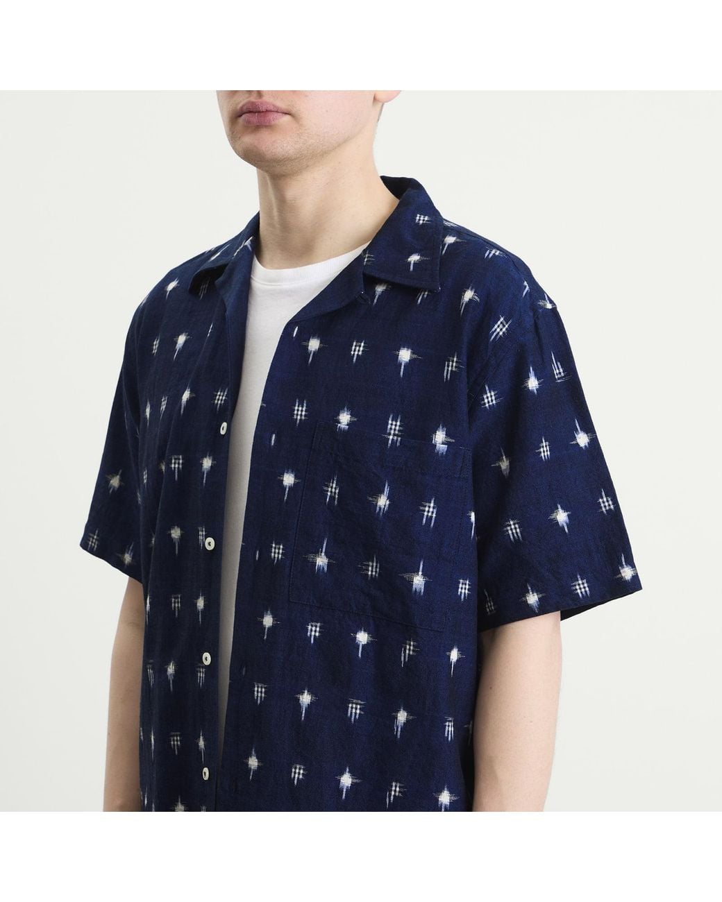 Universal Works Blue Square Ikat Camp Shirt for men