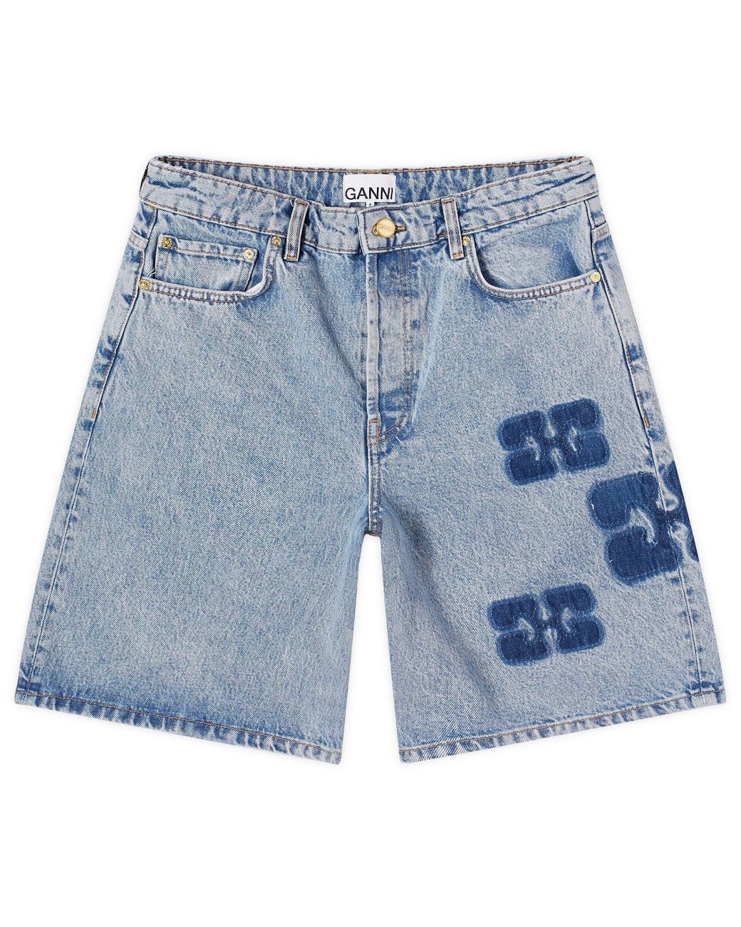 Ganni Patch Denim Shorts in Blue | Lyst