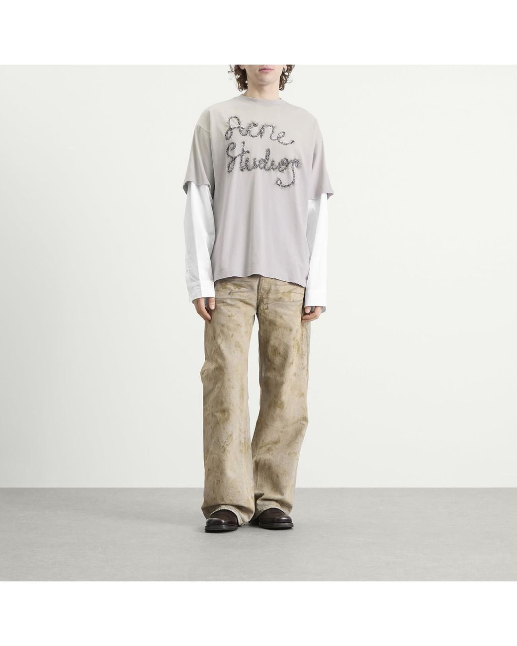Acne Gray Tinsel Logo Double Sleeve T-Shirt for men