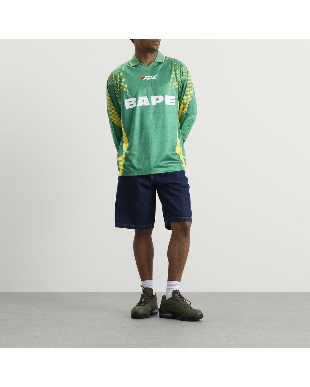 A Bathing Ape Green Flame Monogram Long Sleeve Football Jersey for men