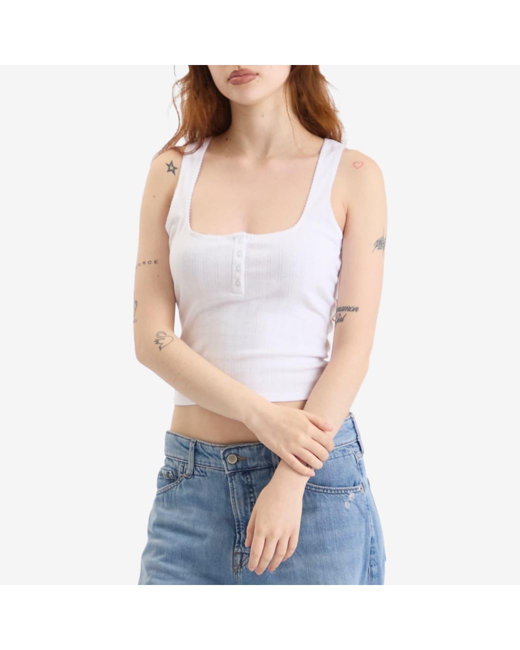 GOOD AMERICAN White Pointelle Henley Tank Top