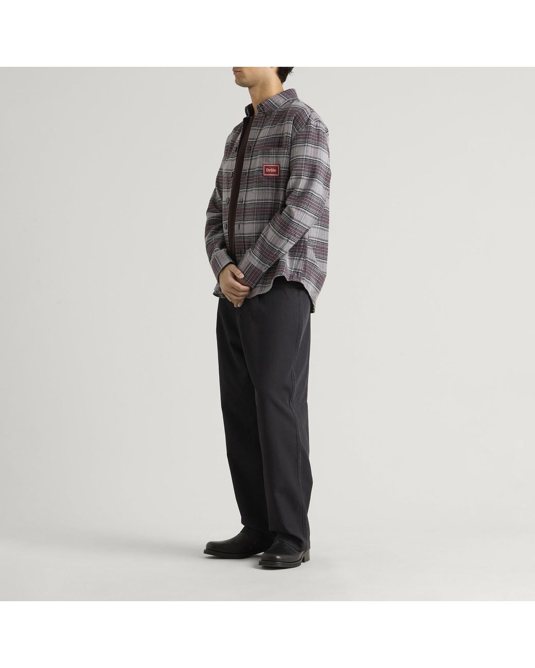 Drole de Monsieur Gray Boxy Flanel Checked Shirt for men