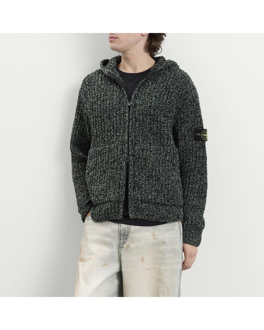 Stone Island Green Mouliné Cotton Chenille Zip Hoodie for men
