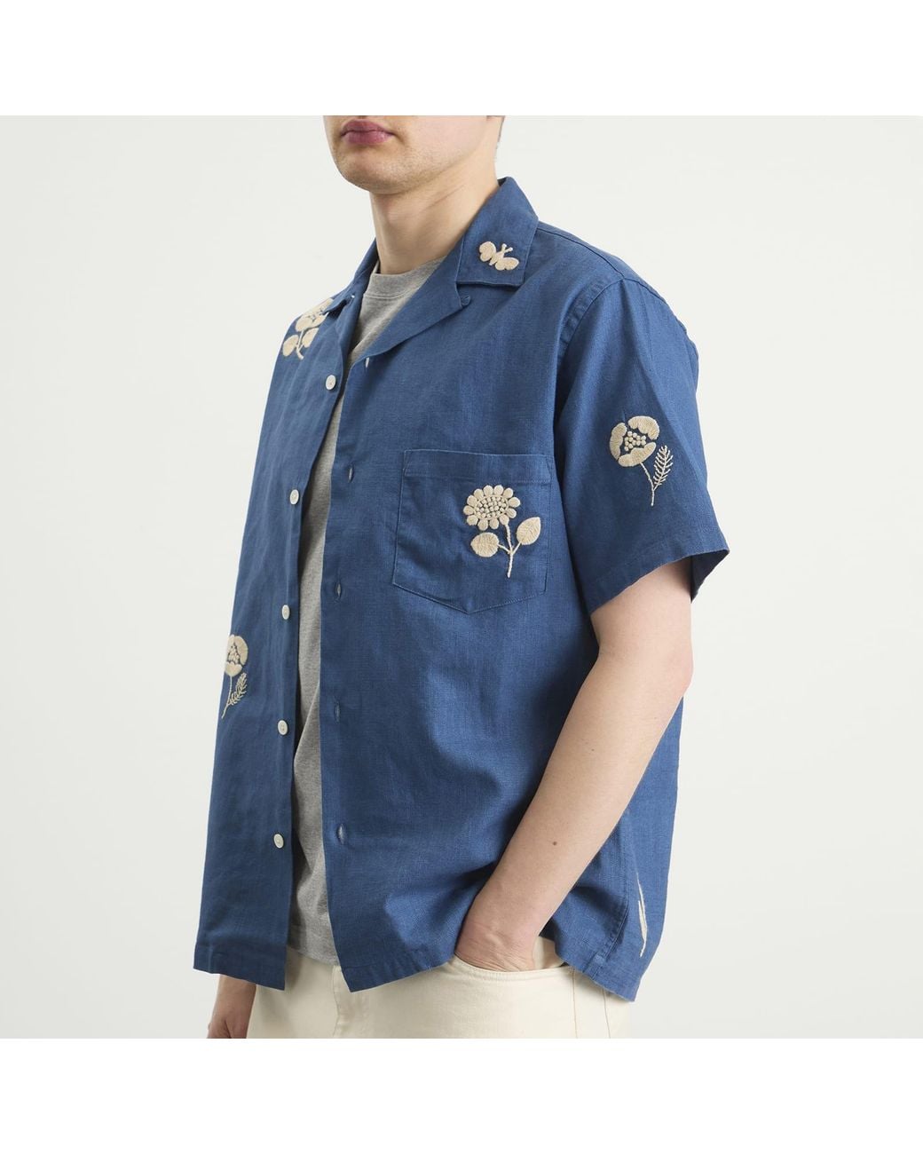 Portuguese Flannel Blue Embroidery Nature Ramie Vacation Shirt for men