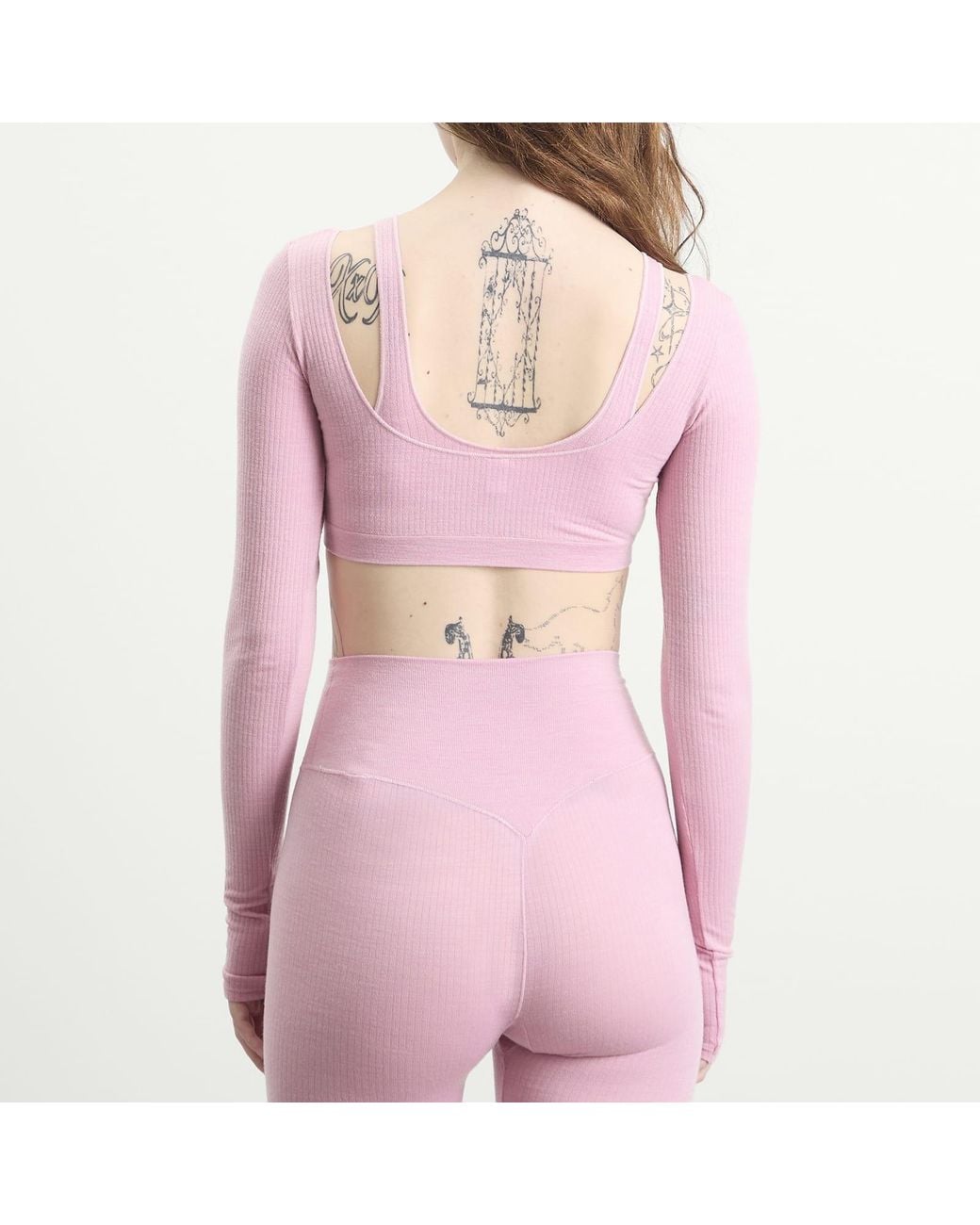 Skims Pink Seamless Sheer Wool Long Sleeve Crop Top