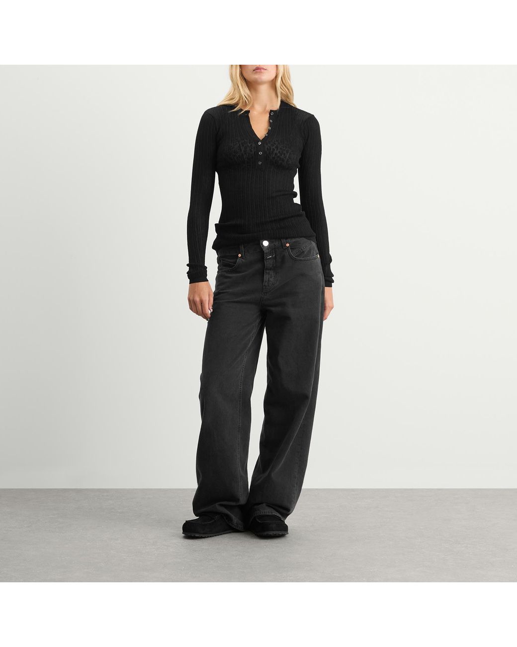 Skims Sheer Knit Long Sleeve Henley Top in Black | Lyst UK