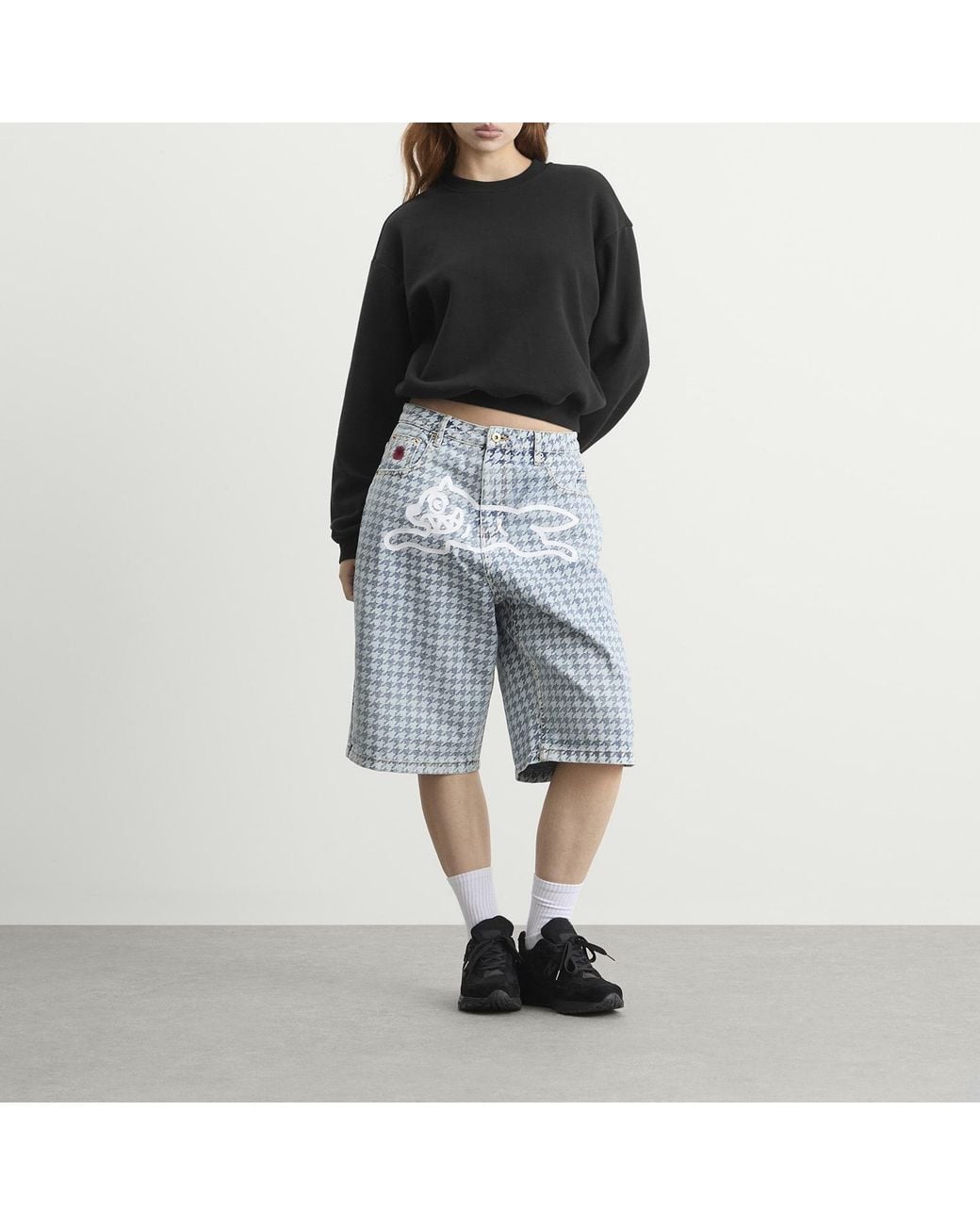 ICECREAM Blue Houndstooth Running Dog Jorts