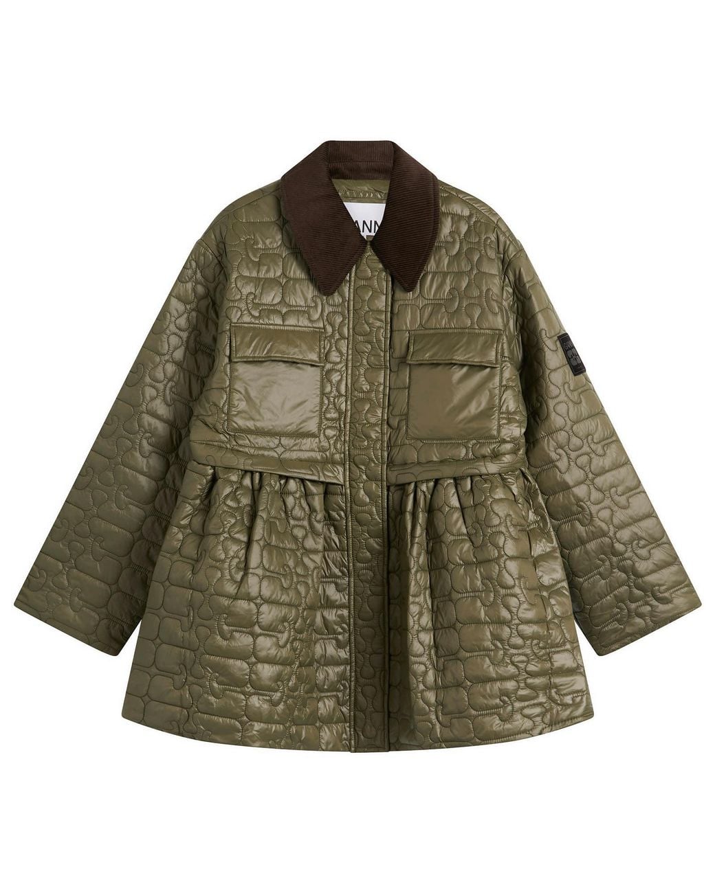 Ganni Green Shiny Quilt Midi Jacket
