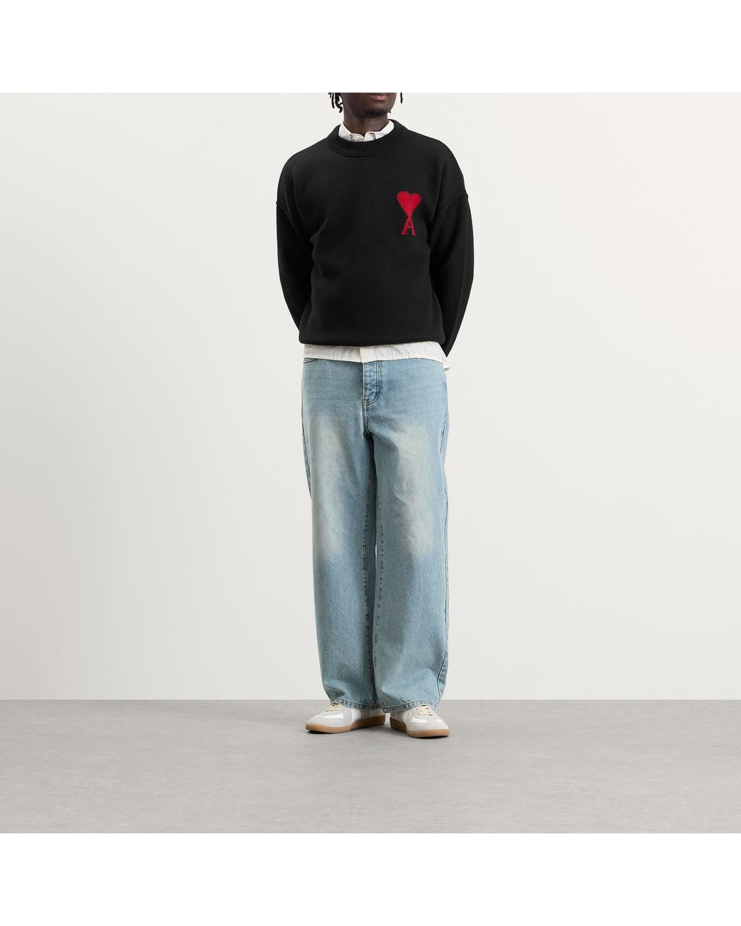 AMI Black Crewneck Sweater With Contrasted Ami De Coeur for men