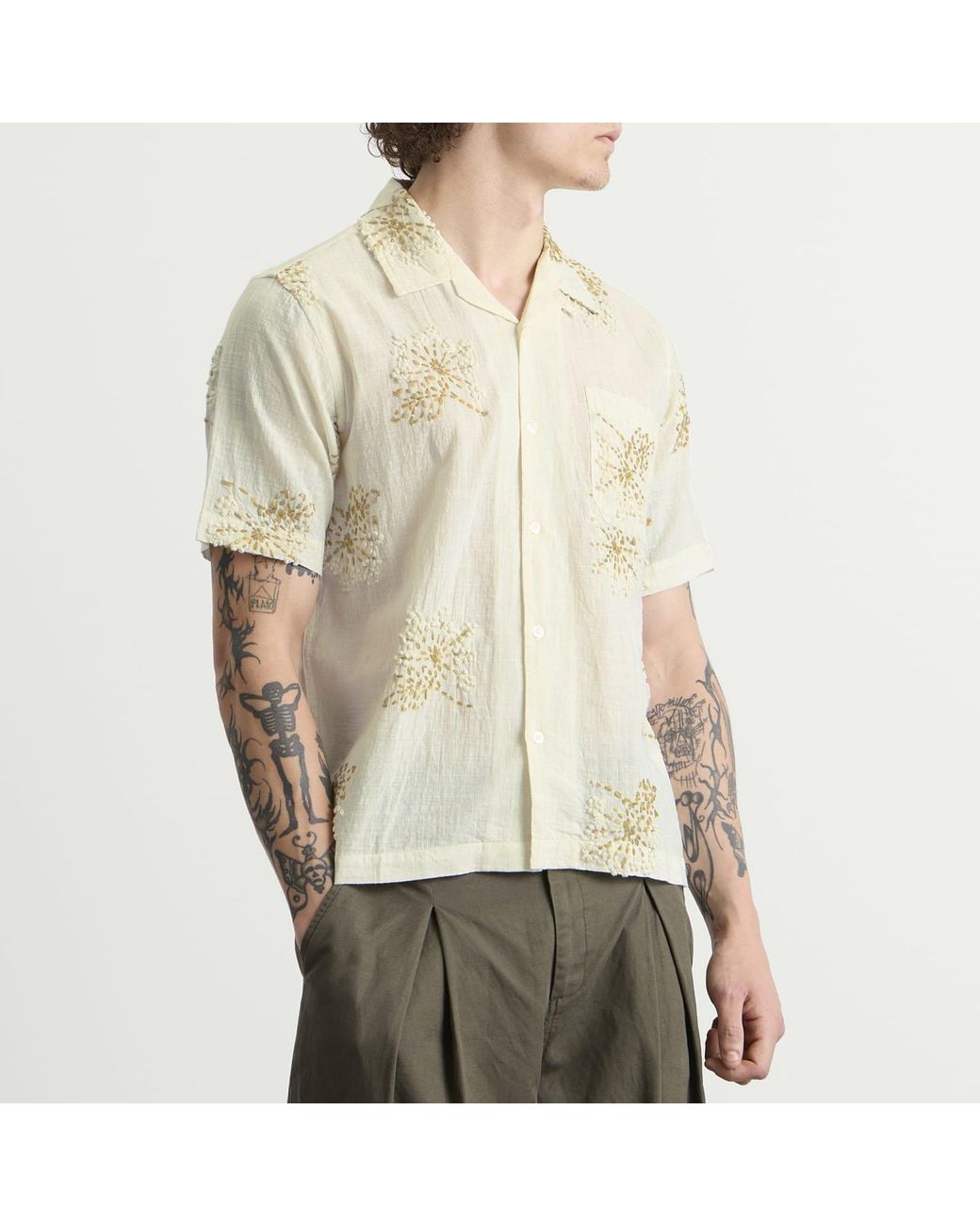 Universal Works Natural Hand Embroidered Stripe Road Shirt for men