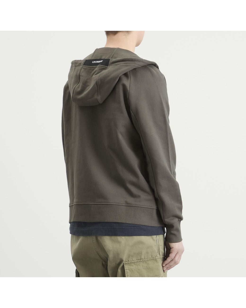 C P Company Gray Diagonal Raised Fleece Hooded Lens Sweatshirt for men