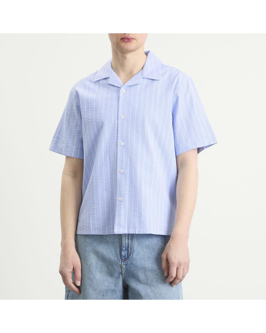 Wax London Blue Didcot Seersucker Stripe Vacation Shirt for men