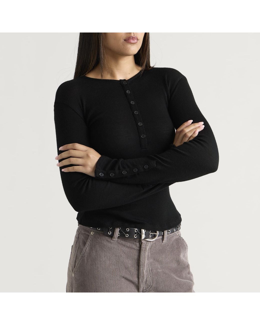 mfpen Black Long Sleeve Henley Top