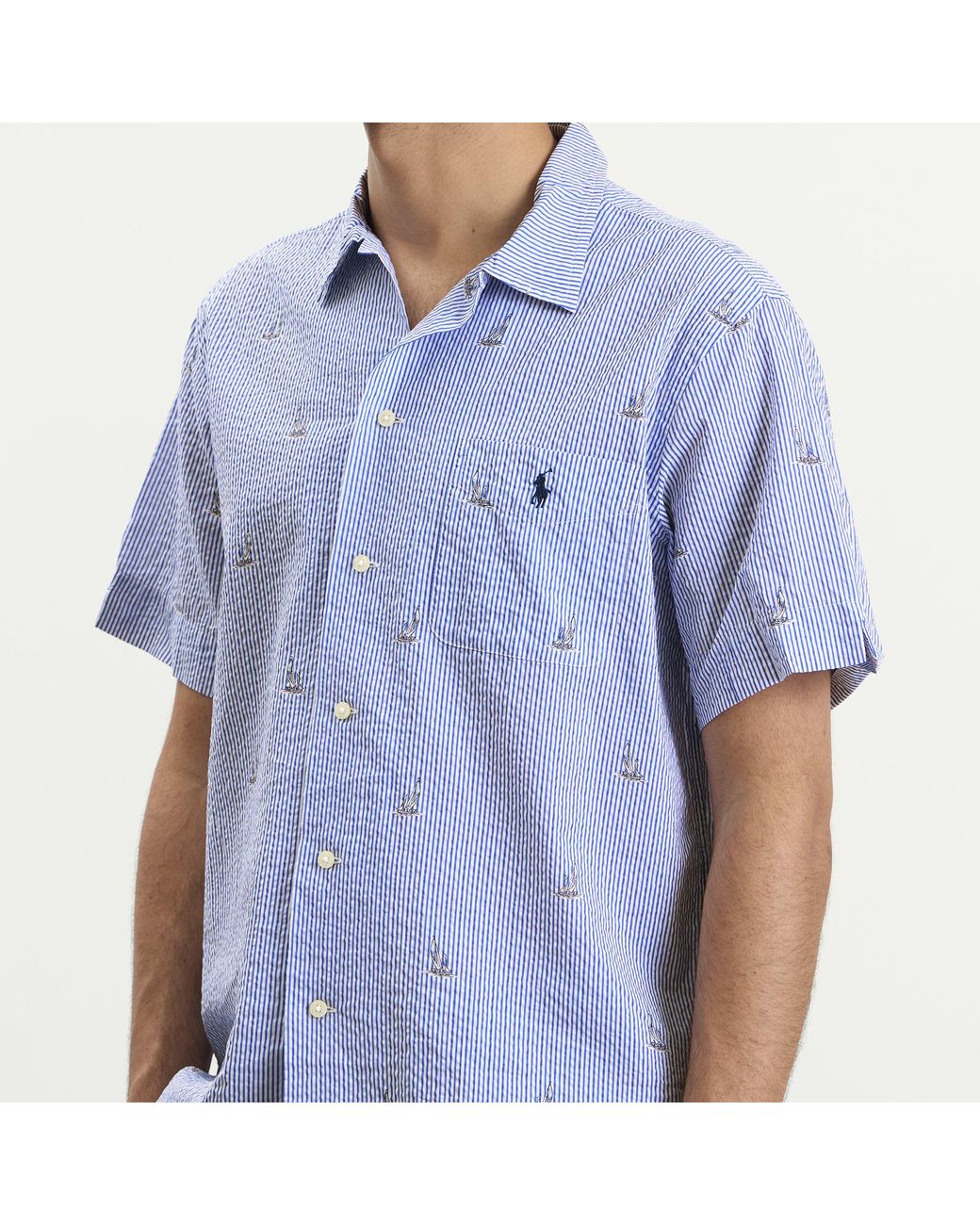 Polo Ralph Lauren Blue Seersucker Sailboat Short Sleeve Shirt for men
