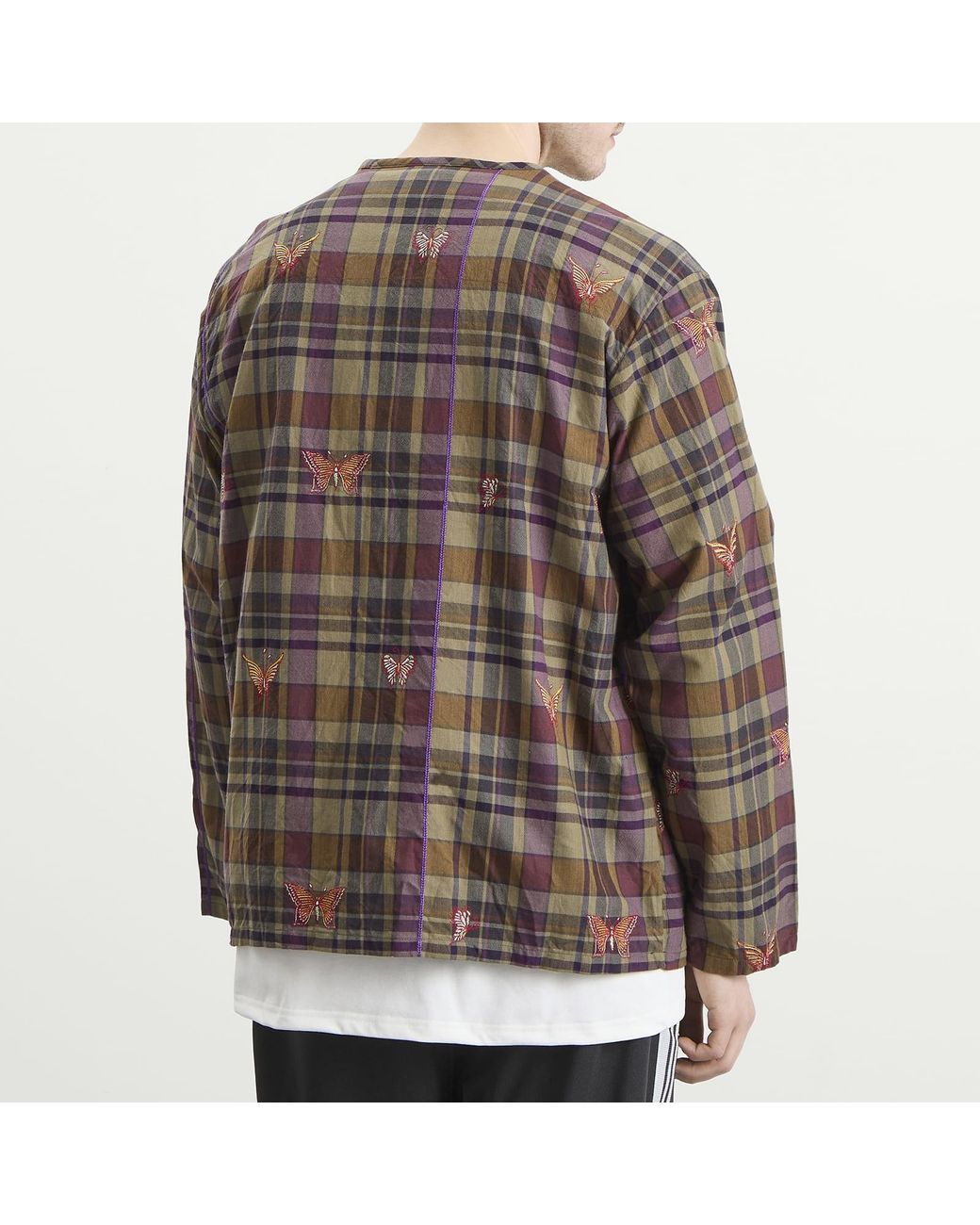 Needles Brown Embroidered Madras Plaid Cardigan for men