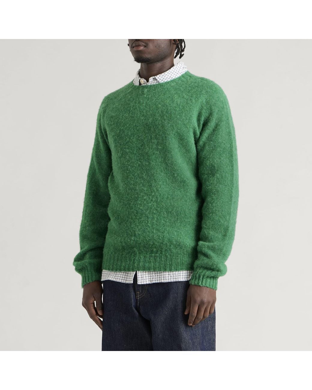 Drake's Green Brushed Shetland Crew Knit for men