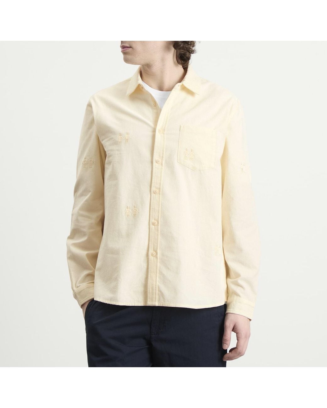 Folk White Embroidery Direction Babycord Shirt for men