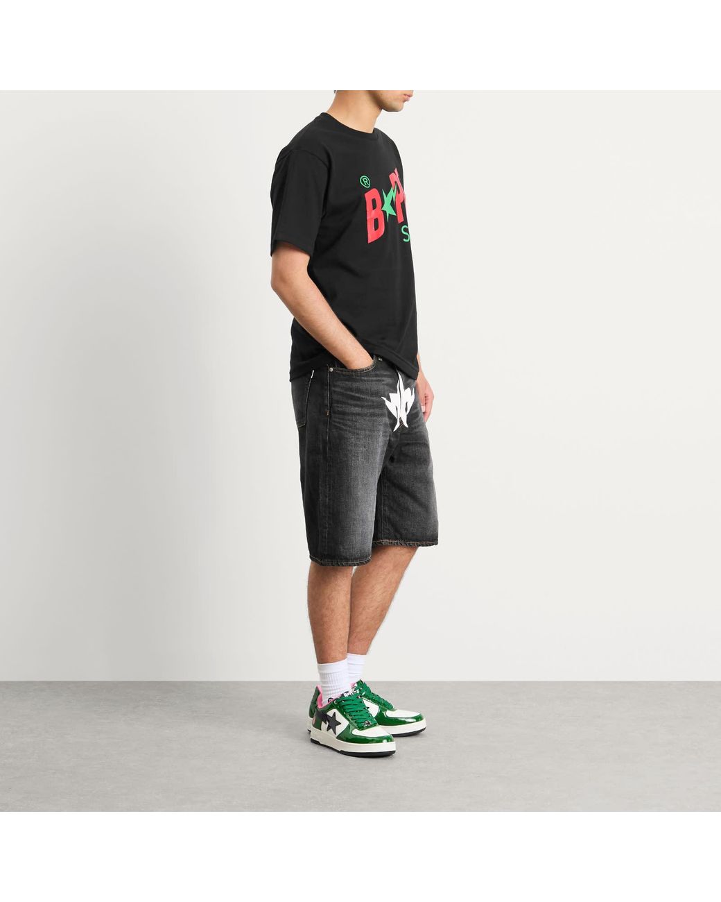 A Bathing Ape Black Twin Sta Relaxed Fit Denim Shorts for men