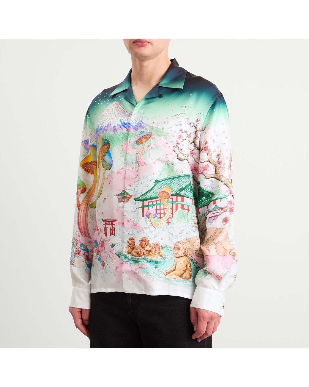 Casablanca Green Silk Twill Cuban Collar Long Sleeve Shirt for men