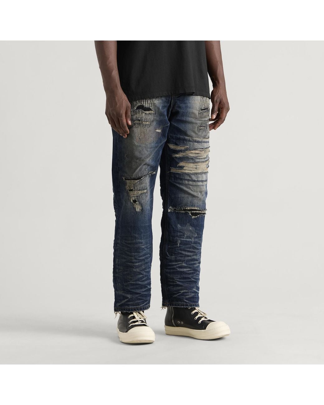 THUG CLUB Blue Skull Stitch Ripped Denim Pants for men