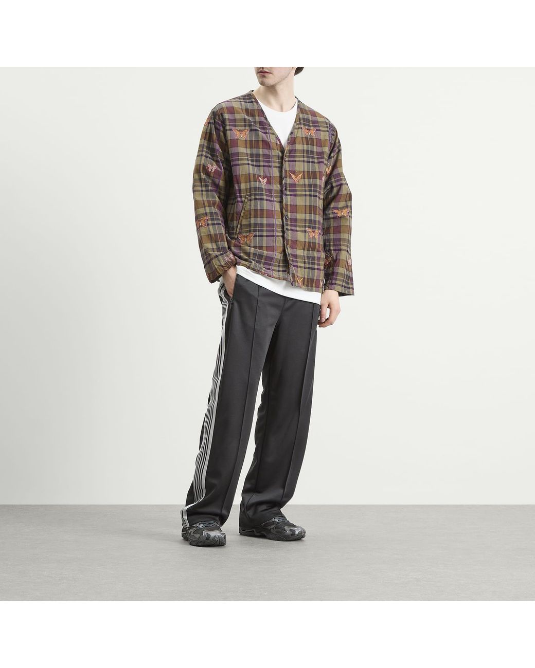 Needles Brown Embroidered Madras Plaid Cardigan for men