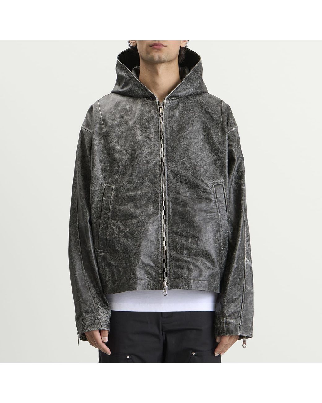 Cole Buxton Gray Cb Hooded Leather Jacket for men