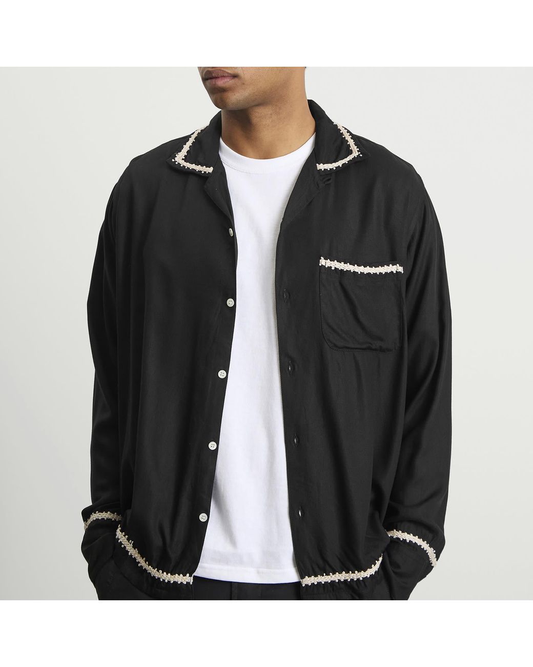 Nomarythm Textile Black Trim Embroidery Open Collar Shirt for men