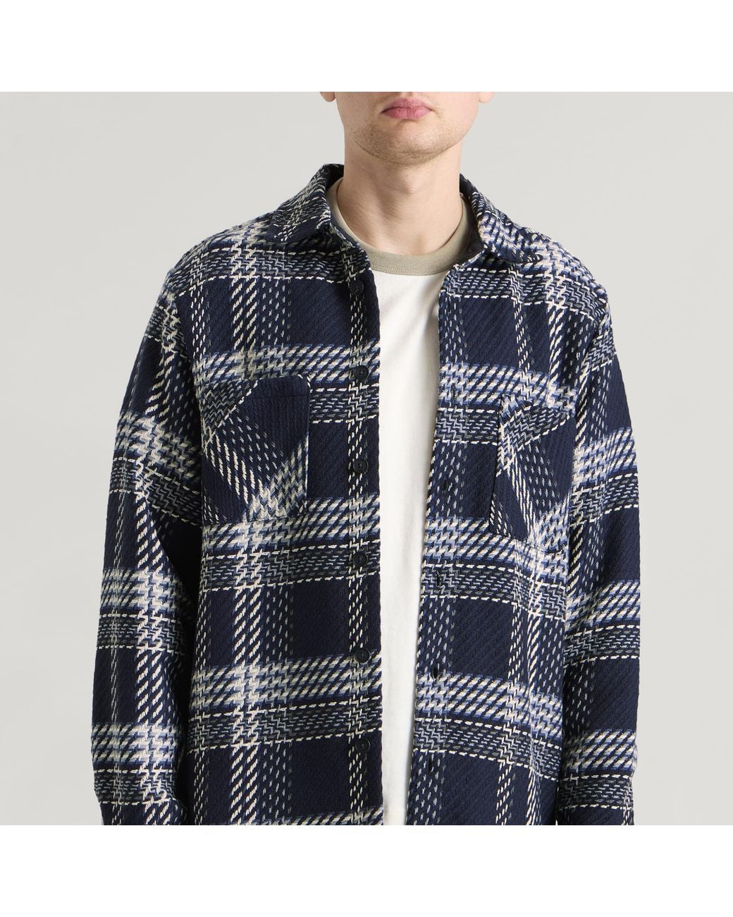 Wax London Blue Whiting Plaid Weave Overshirt for men