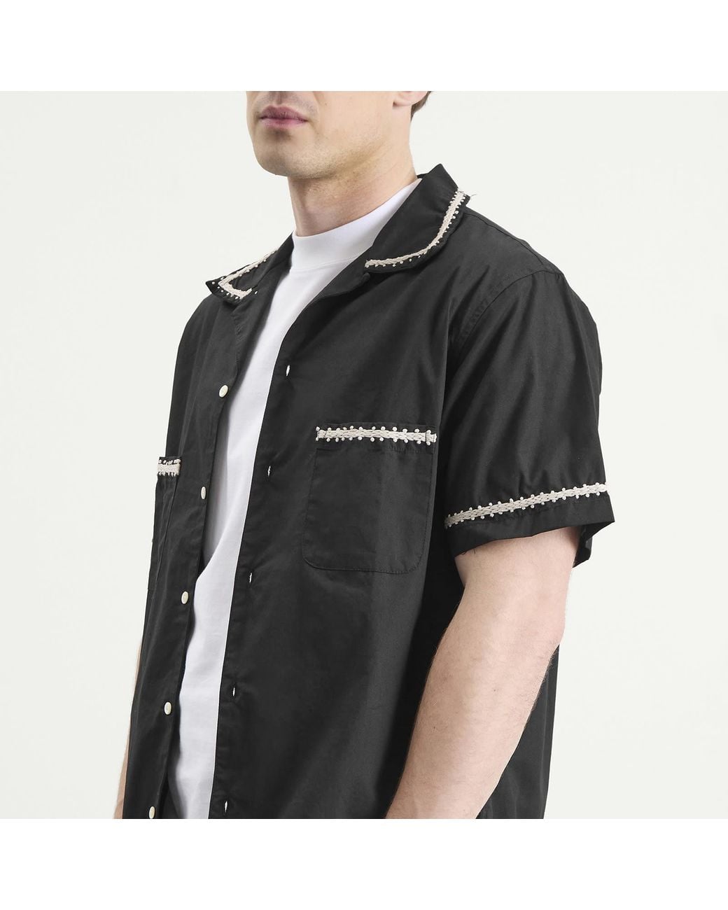 Nomarythm Textile Black Trim Embroidery Open Collar Shirt for men