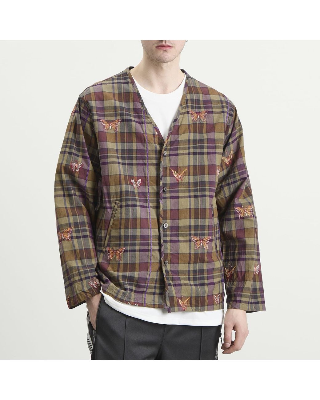 Needles Brown Embroidered Madras Plaid Cardigan for men