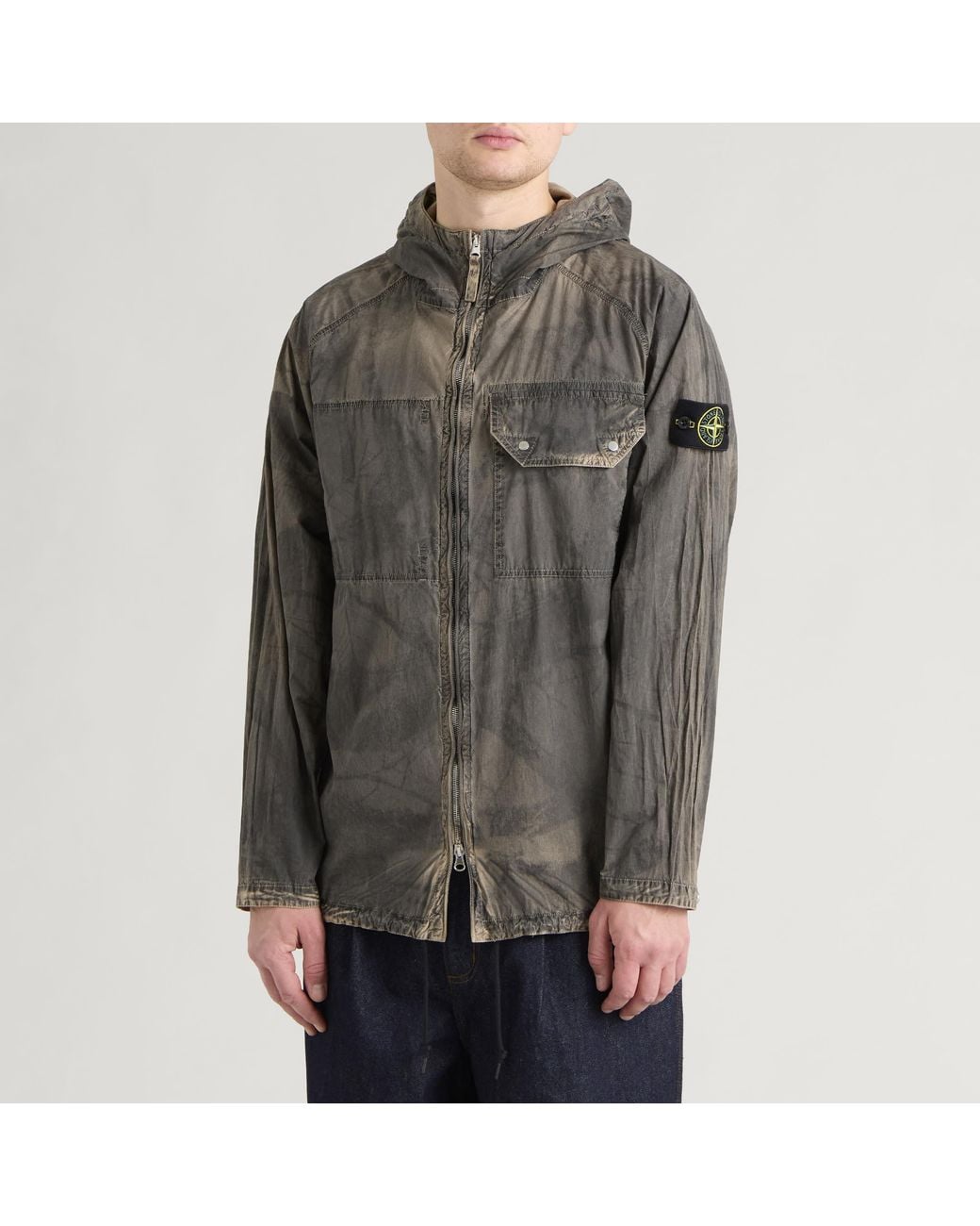 Stone Island Gray Laser Forest Camo Crinkle Reps-Tc Hooded Jacket for men