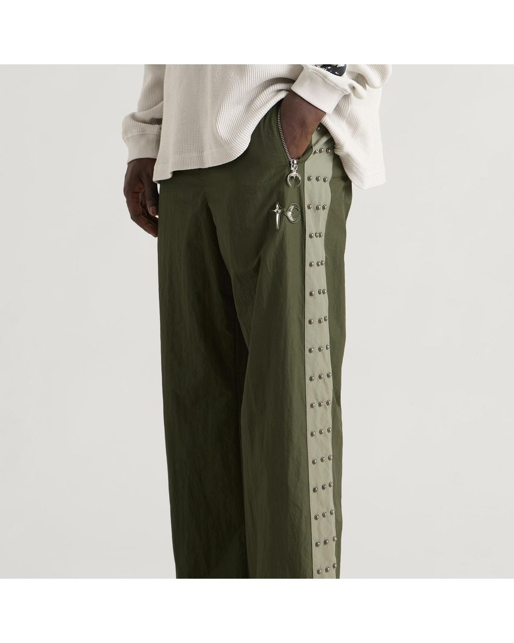 THUG CLUB Green Triple Line Stud Track Pants for men