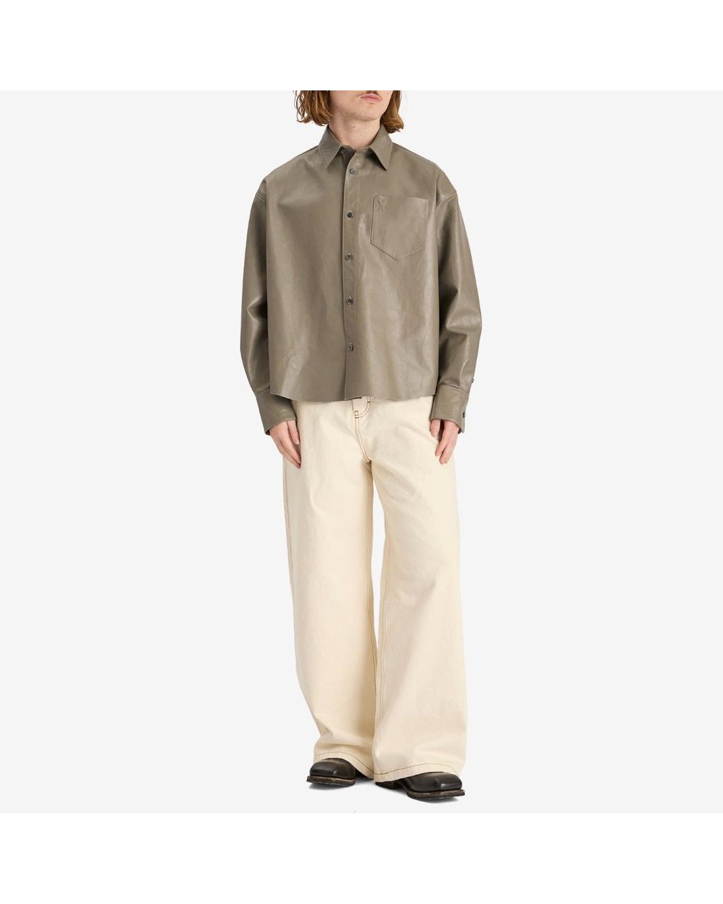 Ami Paris Boxy Fit Leather Overshirt in Green for Men | Lyst